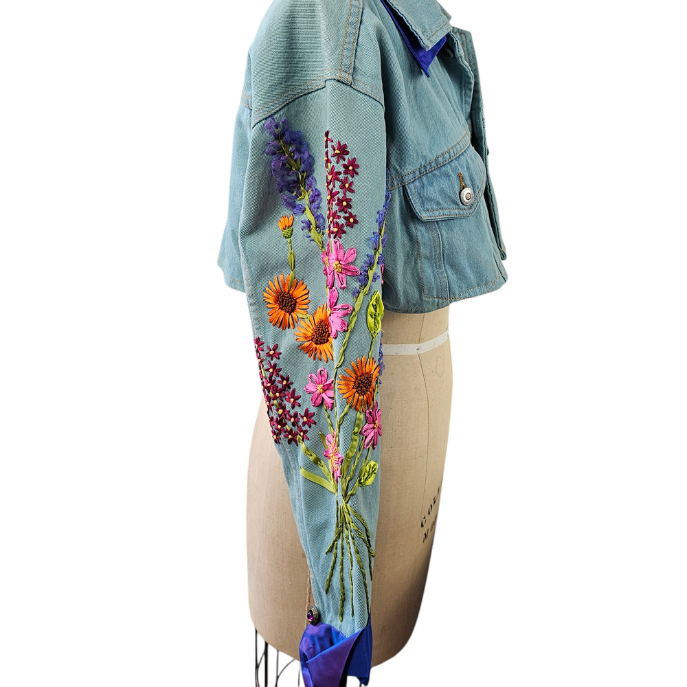 Jacket Upcycled blue green denim ribbon embroidered floral cropped Small - Picture 6 of 13